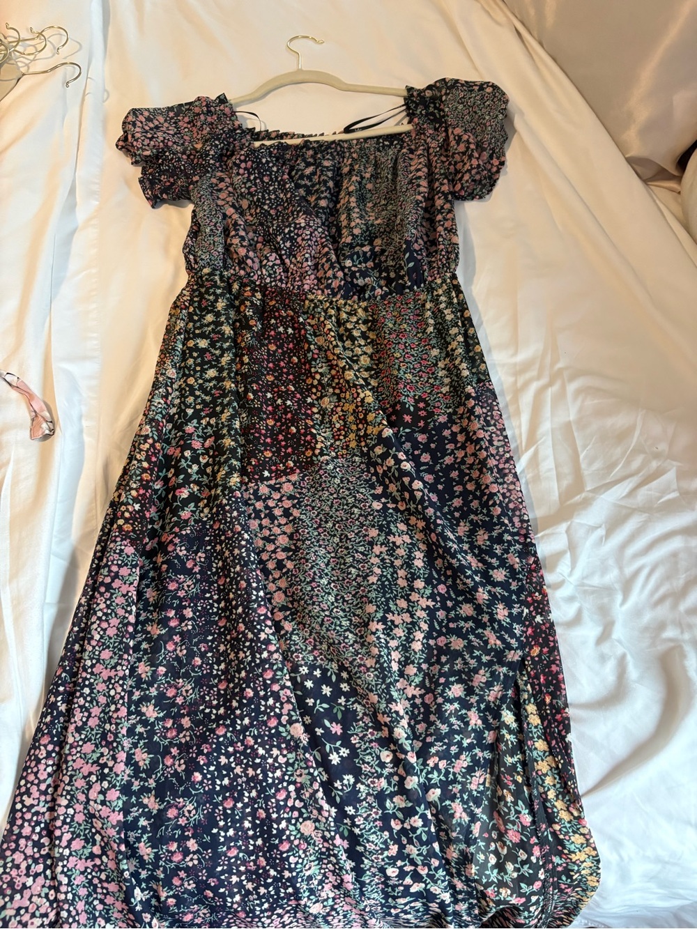 Lulu's Navy Floral Patchwork Maxi Dress with Pink Accents